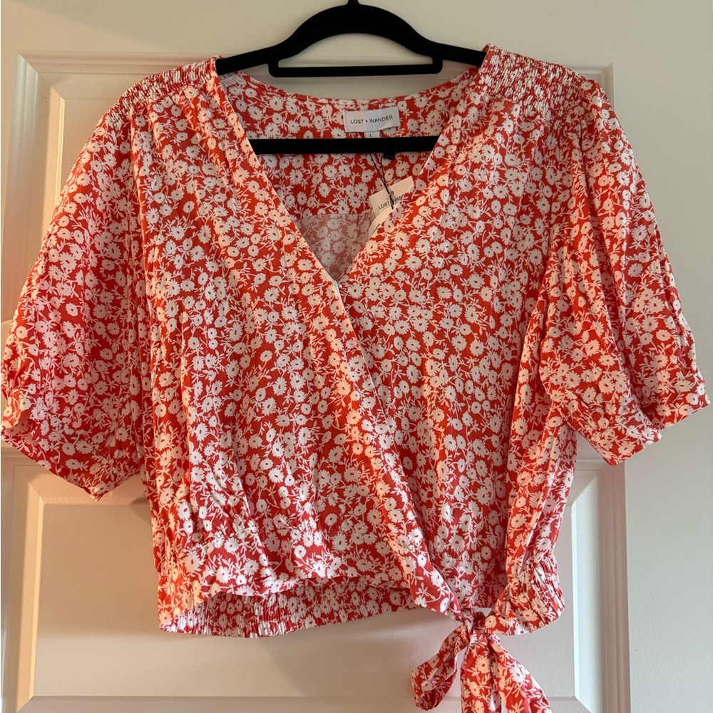 Lost + Wander Floral Wrap Blouse - Red and White